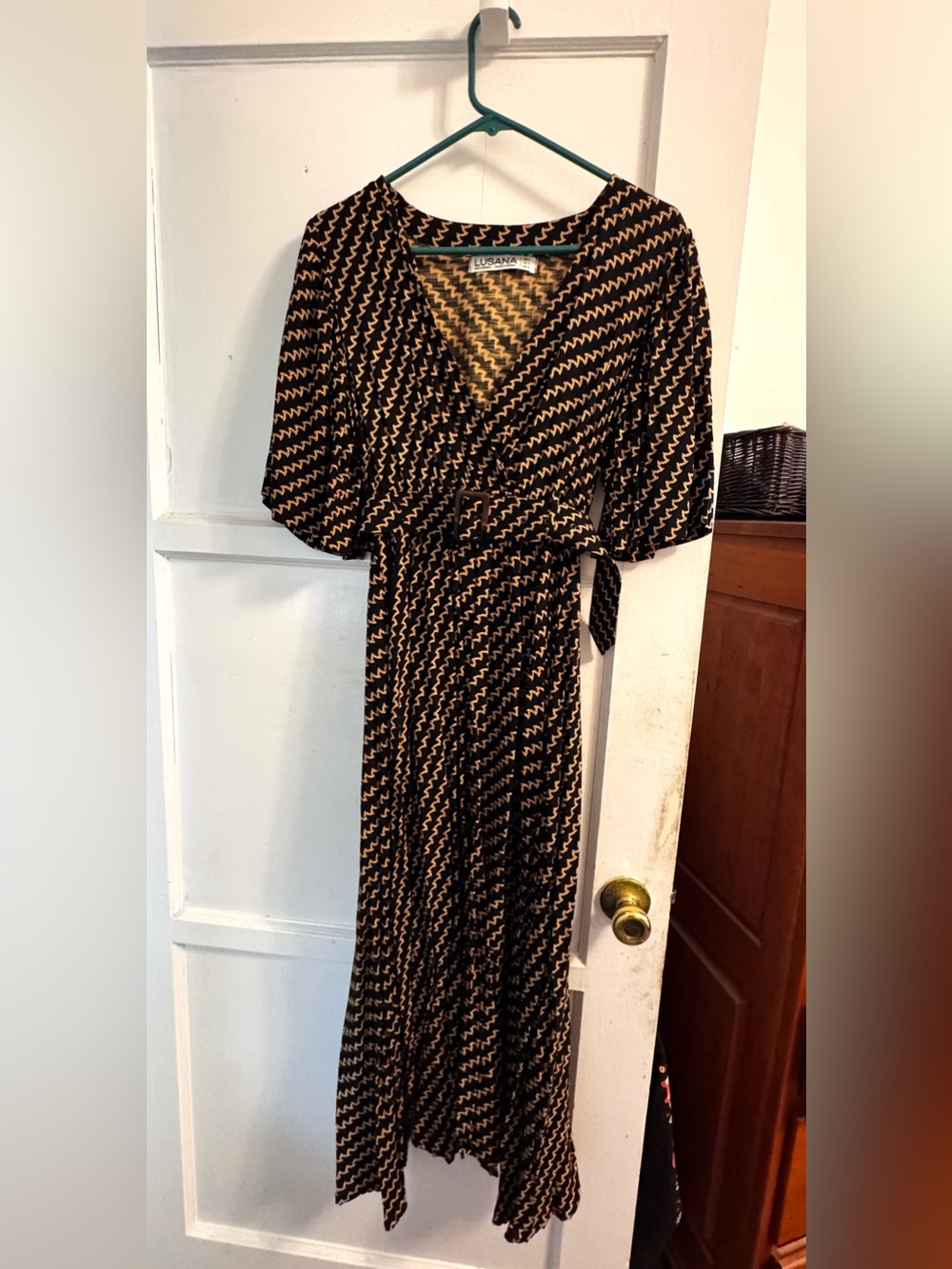 Lusana Black and Tan Chevron Wrap Maxi Dress